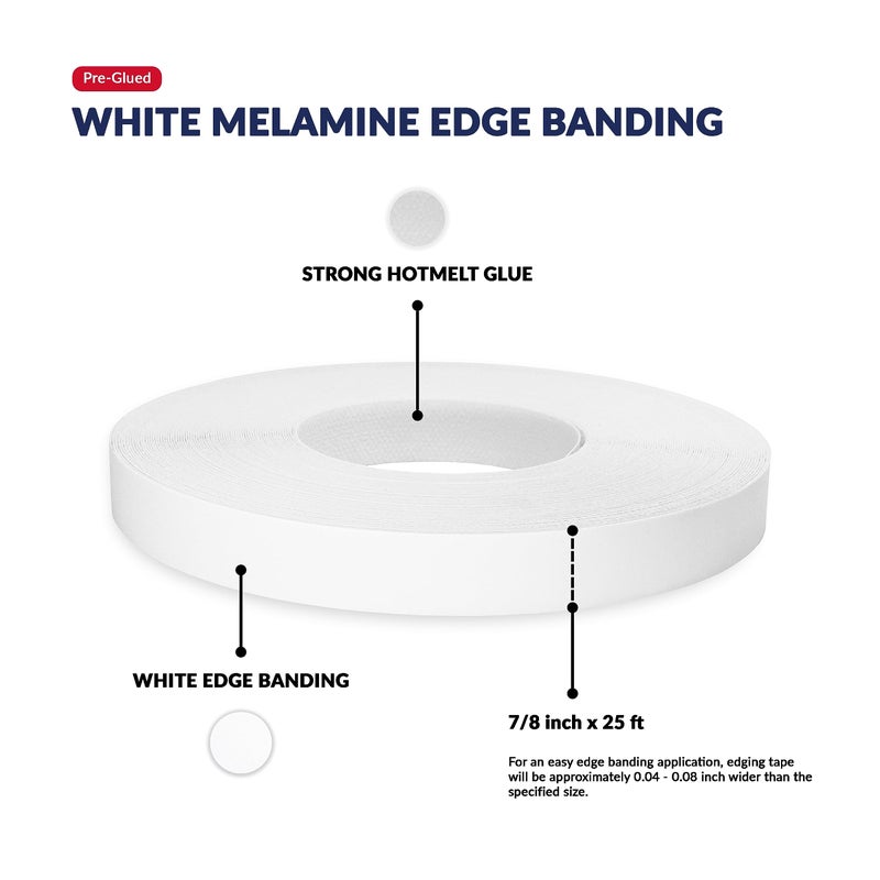 UNMAR White Melamine Edge Banding 7/8 inch x 25 feet Iron On Adhesive Edging Cabinet Repair Laminate Shelf Table Plywood Mdf Board Furniture Formica Countertop Pre Glued Flexible Strip Wood Veneer Tape Trim - Image 2